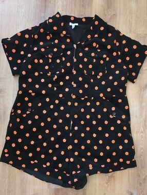 "Unique Vintage" Short Sleeve Pumpkin Print Velvet Romper